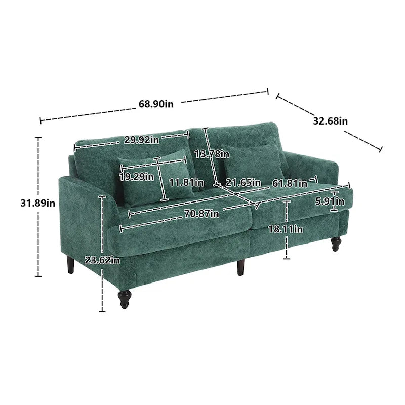 68.9-inch Green Chenille 2-Seater Sofa with Detachable Cushions & Solid Wood Legs