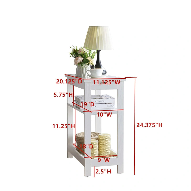 Slim Side End Table with Storage Shelves & Pull-Out Tray, White