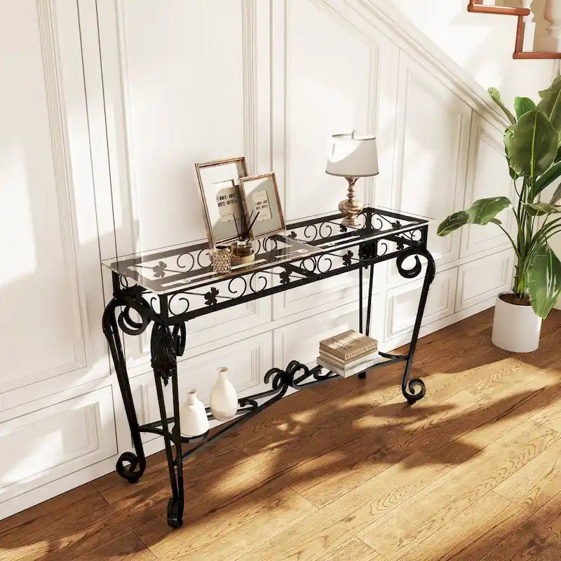 Modern Glass and Metal Console Table for Entryway with Storage and Easy Assembly