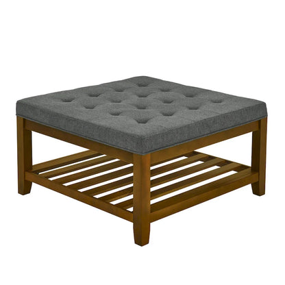Upholstered Coffee Table Tufted Linen Large Square Ottoman with Beech Wood Shelf and Frame,Oversized Footrest Ottoman