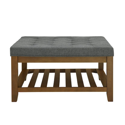 Upholstered Coffee Table Tufted Linen Large Square Ottoman with Beech Wood Shelf and Frame,Oversized Footrest Ottoman