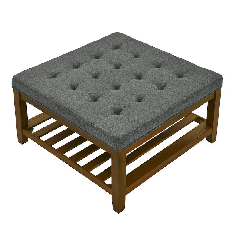 Upholstered Coffee Table Tufted Linen Large Square Ottoman with Beech Wood Shelf and Frame,Oversized Footrest Ottoman