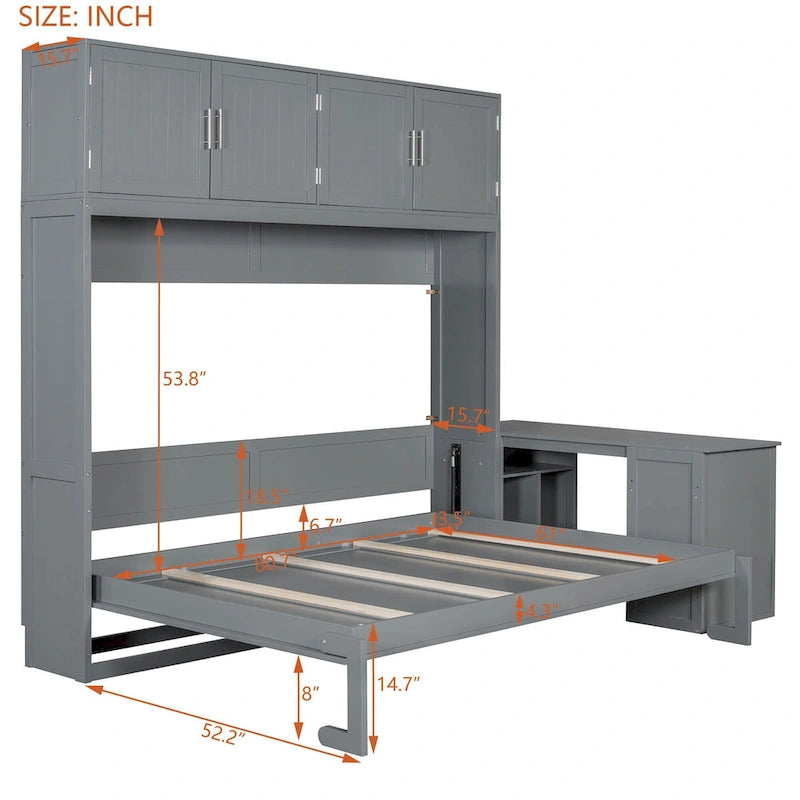 Queen Mounted Murphy Bed with Lift, Storage Cabinets & Convertible Desk