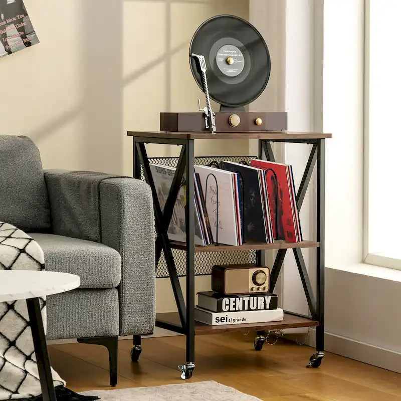 3-Tier Rolling Vinyl Record Storage Shelf with Turntable Stand & Wheels