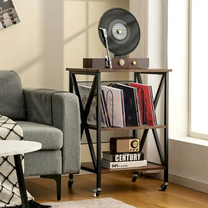 3-Tier Rolling Vinyl Record Storage Shelf with Turntable Stand & Wheels