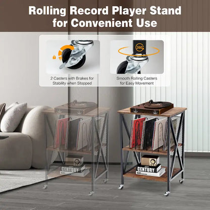 3-Tier Rolling Vinyl Record Storage Shelf with Turntable Stand & Wheels