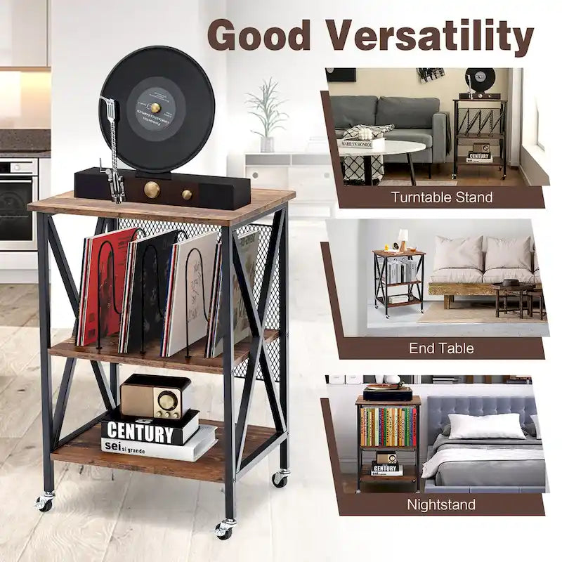 3-Tier Rolling Vinyl Record Storage Shelf with Turntable Stand & Wheels