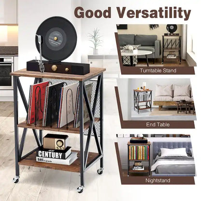 3-Tier Rolling Vinyl Record Storage Shelf with Turntable Stand & Wheels