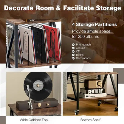 3-Tier Rolling Vinyl Record Storage Shelf with Turntable Stand & Wheels