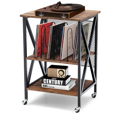 3-Tier Rolling Vinyl Record Storage Shelf with Turntable Stand & Wheels