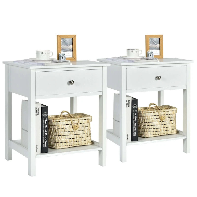 Set of 2 Modern 2-Tier Nightstands with Drawer & Open Storage, MDF Construction