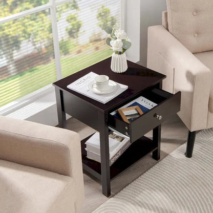 Set of 2 Modern 2-Tier Nightstands with Drawer & Open Storage, MDF Construction