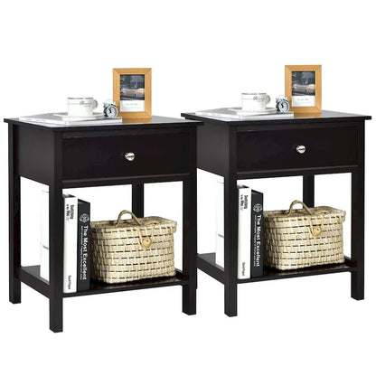 Set of 2 Modern 2-Tier Nightstands with Drawer & Open Storage, MDF Construction