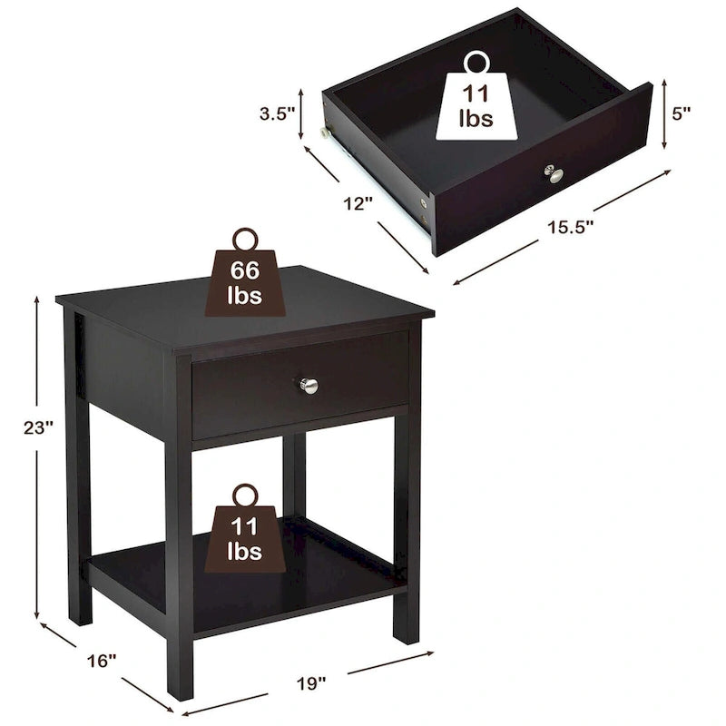 Set of 2 Modern 2-Tier Nightstands with Drawer & Open Storage, MDF Construction