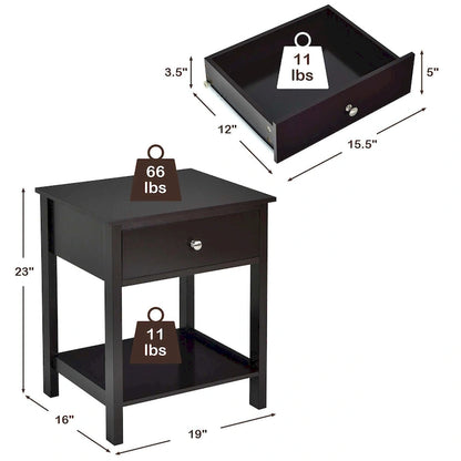 Set of 2 Modern 2-Tier Nightstands with Drawer & Open Storage, MDF Construction
