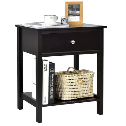 Set of 2 Modern 2-Tier Nightstands with Drawer & Open Storage, MDF Construction