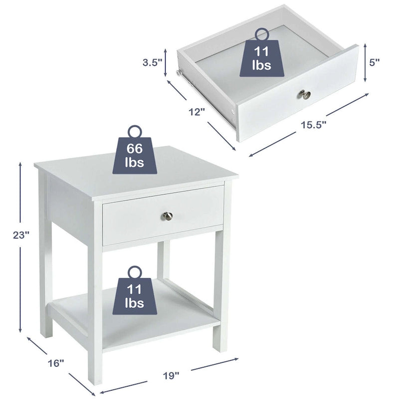 Set of 2 Modern 2-Tier Nightstands with Drawer & Open Storage, MDF Construction