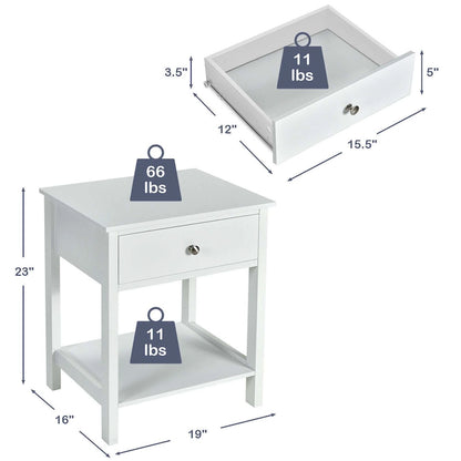 Set of 2 Modern 2-Tier Nightstands with Drawer & Open Storage, MDF Construction