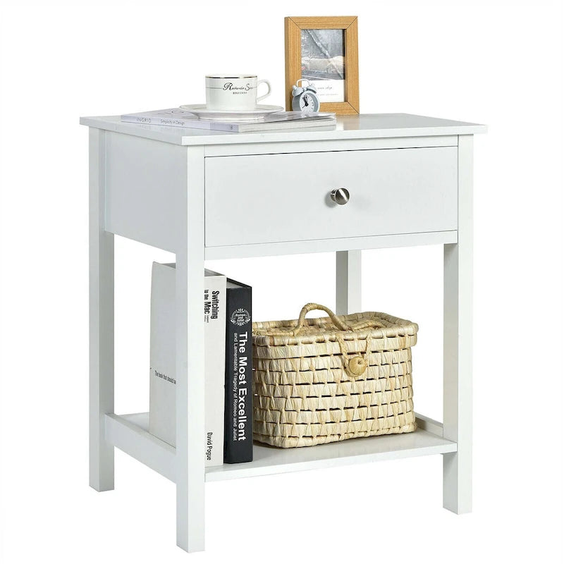 Set of 2 Modern 2-Tier Nightstands with Drawer & Open Storage, MDF Construction