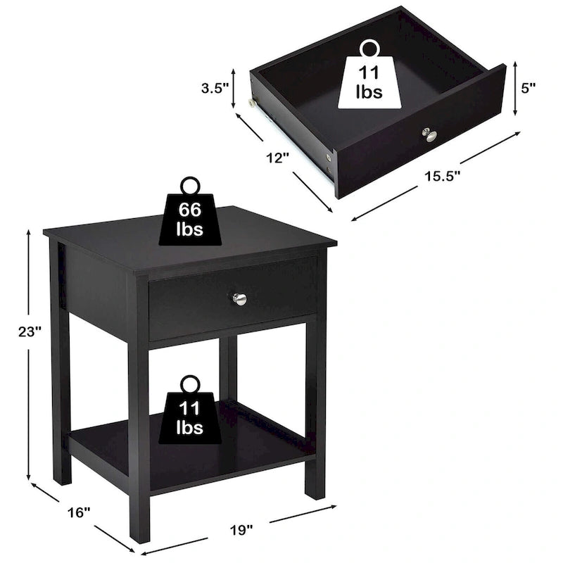 Set of 2 Modern 2-Tier Nightstands with Drawer & Open Storage, MDF Construction