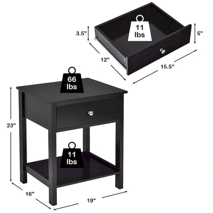 Set of 2 Modern 2-Tier Nightstands with Drawer & Open Storage, MDF Construction
