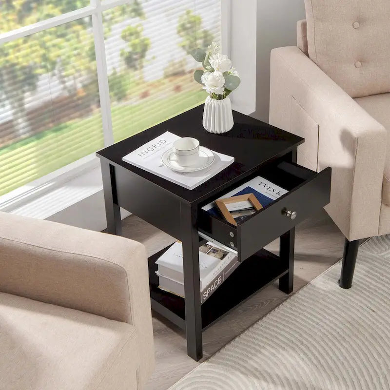 Set of 2 Modern 2-Tier Nightstands with Drawer & Open Storage, MDF Construction