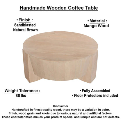 Joana Coffee Table, 35 Inch Round Drum Shape with 3 Legs, Sandblasted Natural Brown Mango Wood