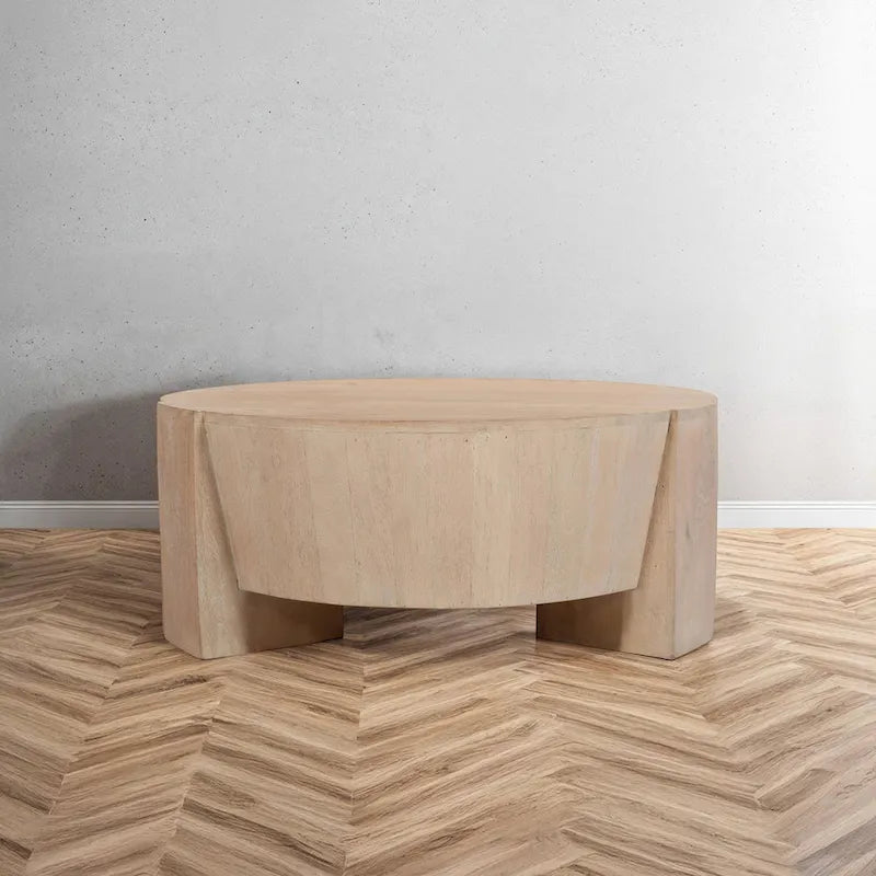 Joana Coffee Table, 35 Inch Round Drum Shape with 3 Legs, Sandblasted Natural Brown Mango Wood