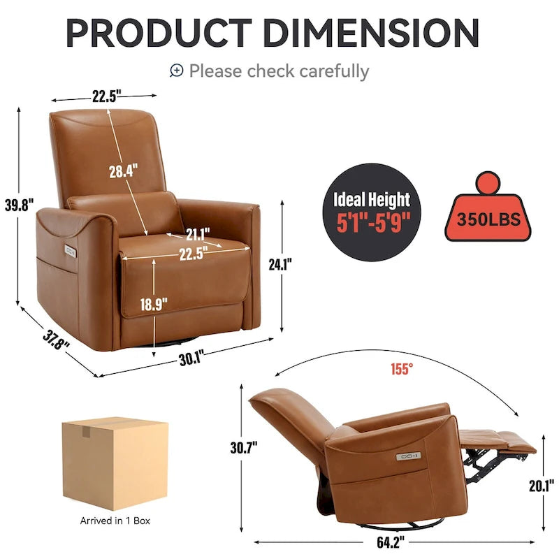 Brown Ergonomic Power Recliner with 270° Swivel, Rocking Function & USB/Type-C Ports