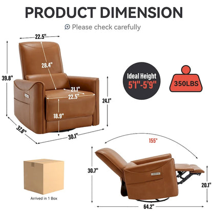 Brown Ergonomic Power Recliner with 270° Swivel, Rocking Function & USB/Type-C Ports