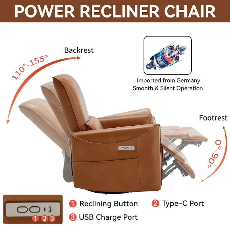 Brown Ergonomic Power Recliner with 270° Swivel, Rocking Function & USB/Type-C Ports
