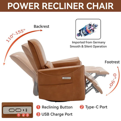 Brown Ergonomic Power Recliner with 270° Swivel, Rocking Function & USB/Type-C Ports