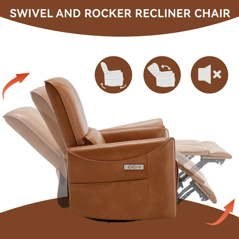 Brown Ergonomic Power Recliner with 270° Swivel, Rocking Function & USB/Type-C Ports
