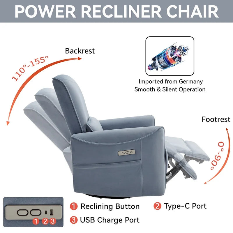 Brown Ergonomic Power Recliner with 270° Swivel, Rocking Function & USB/Type-C Ports