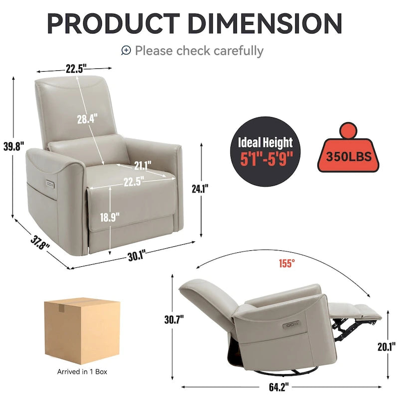 Brown Ergonomic Power Recliner with 270° Swivel, Rocking Function & USB/Type-C Ports