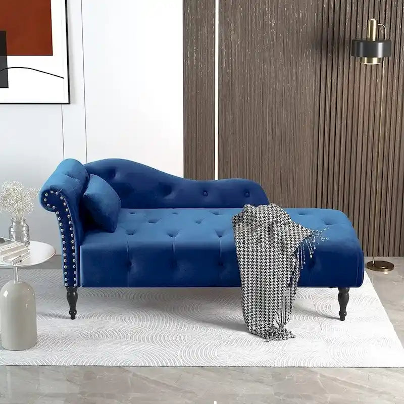 61 Velvet Chaise Lounge Chair with 1 Pillow and Nailhead Trimmed