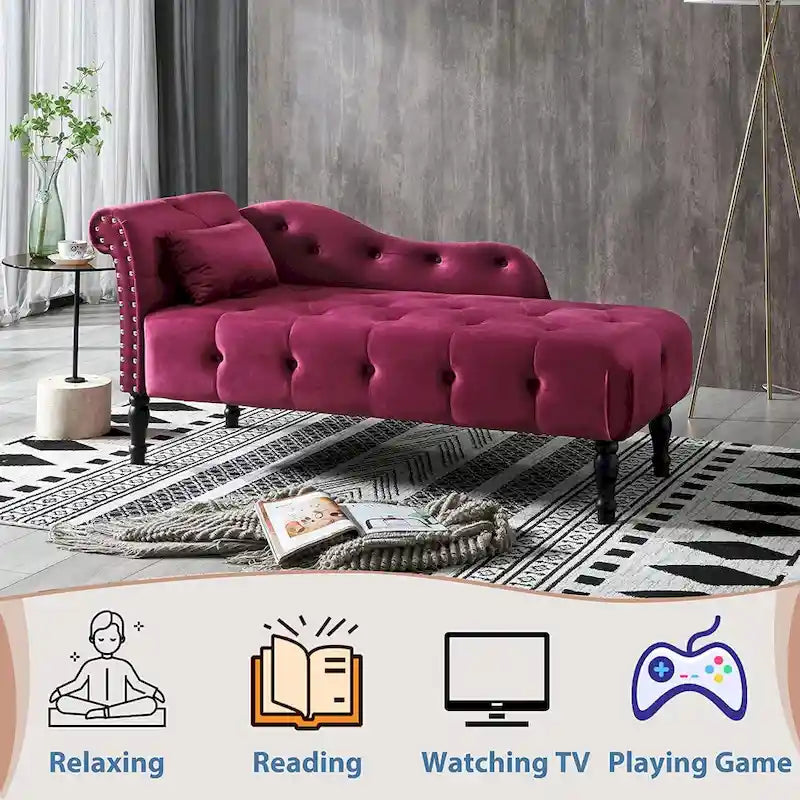 61 Velvet Chaise Lounge Chair with 1 Pillow and Nailhead Trimmed