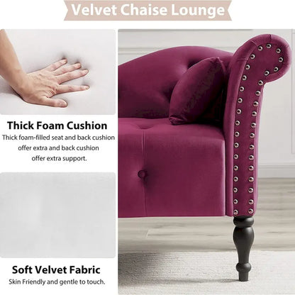 61 Velvet Chaise Lounge Chair with 1 Pillow and Nailhead Trimmed