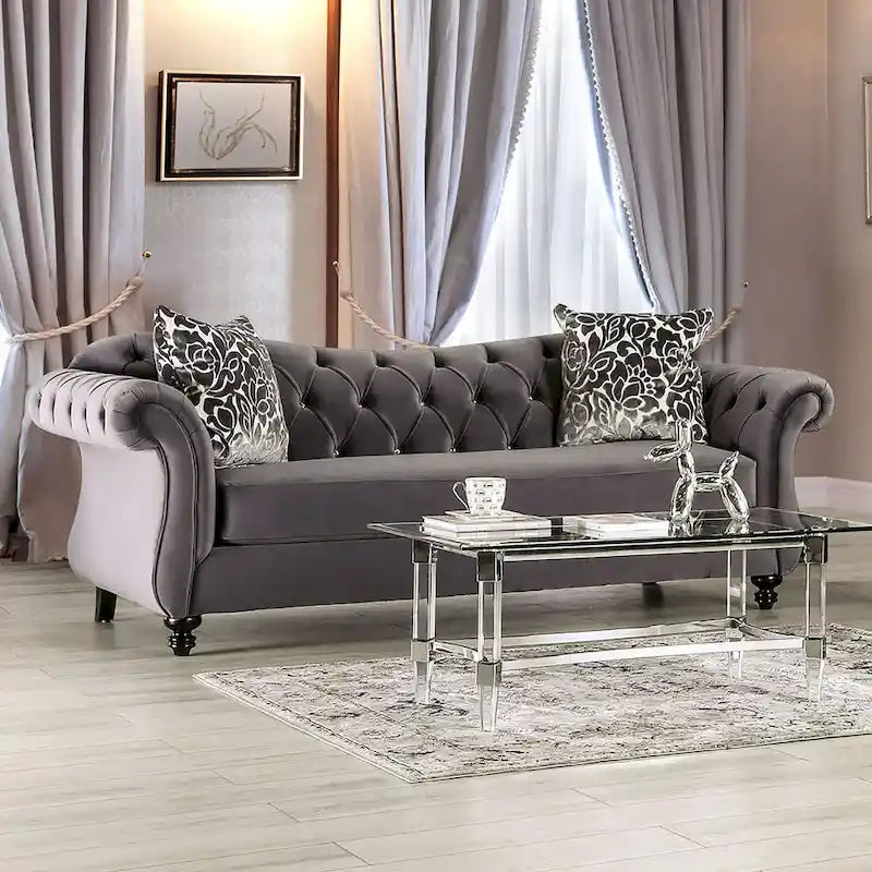 Addae Glam Grey Velvet Fabric Upholstered Button Tufted Sofa by 