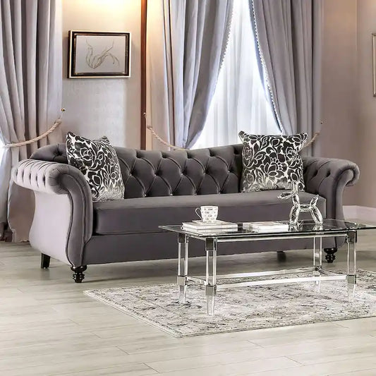 Addae Glam Grey Velvet Fabric Upholstered Button Tufted Sofa by 