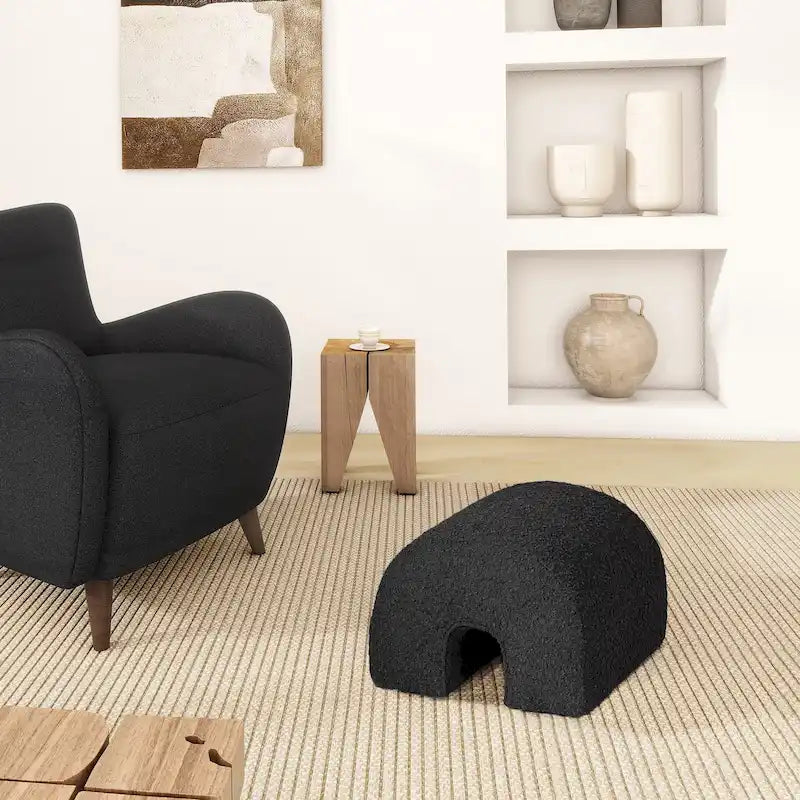 Arched Rainbow Footstool Ottoman with Ivory White Boucle Faux Sherpa Upholstery