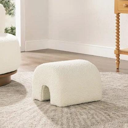 Arched Rainbow Footstool Ottoman with Ivory White Boucle Faux Sherpa Upholstery