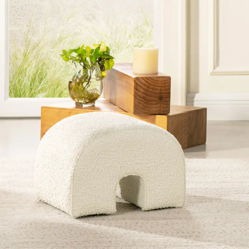 Arched Rainbow Footstool Ottoman with Ivory White Boucle Faux Sherpa Upholstery