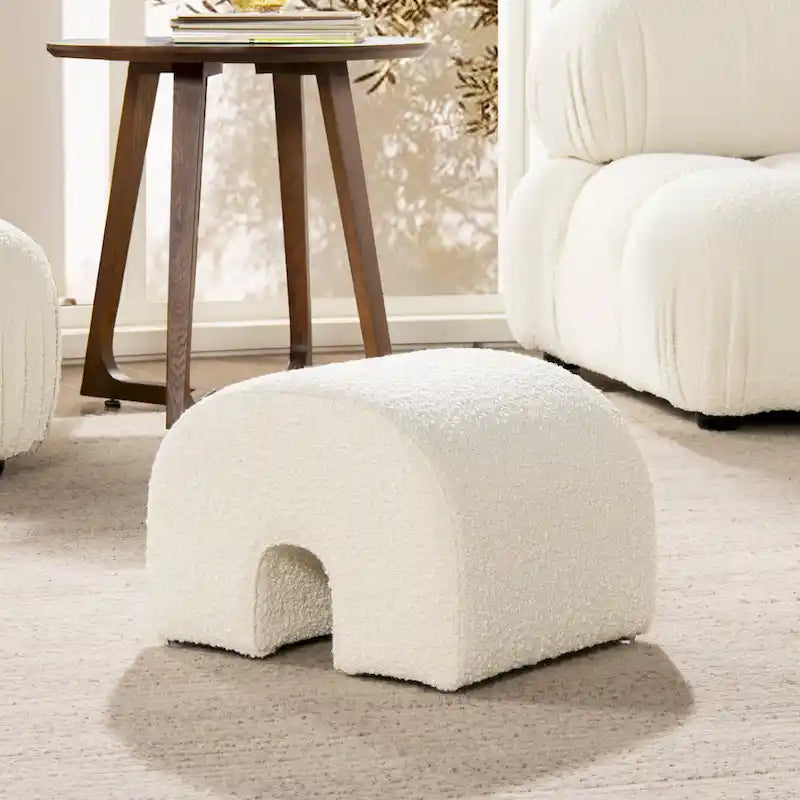 Arched Rainbow Footstool Ottoman with Ivory White Boucle Faux Sherpa Upholstery