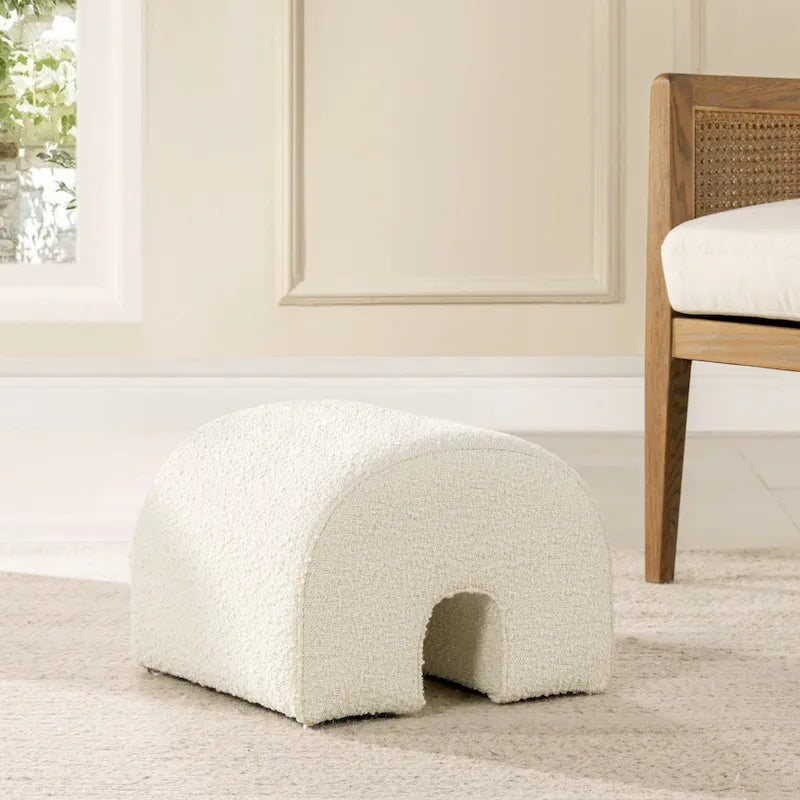 Arched Rainbow Footstool Ottoman with Ivory White Boucle Faux Sherpa Upholstery