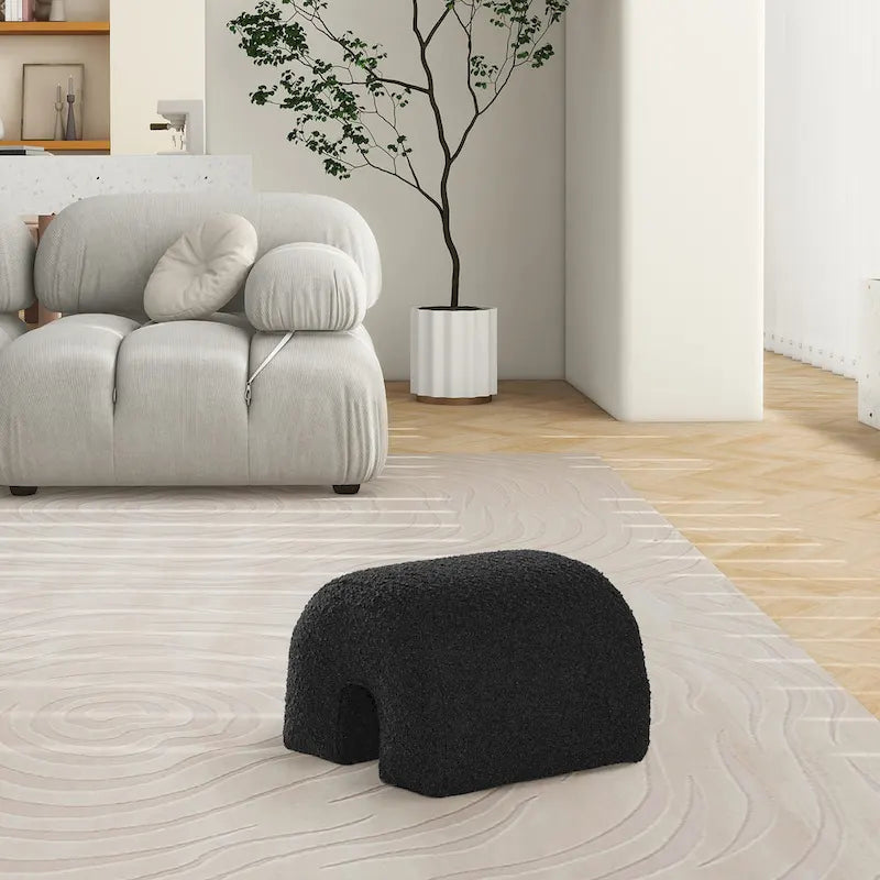 Arched Rainbow Footstool Ottoman with Ivory White Boucle Faux Sherpa Upholstery