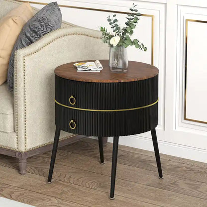 Barrel-Shaped Round End Table with 2 Drawers, Sintered Stone Top & Stainless Steel Base