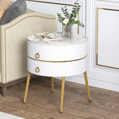 Barrel-Shaped Round End Table with 2 Drawers, Sintered Stone Top & Stainless Steel Base