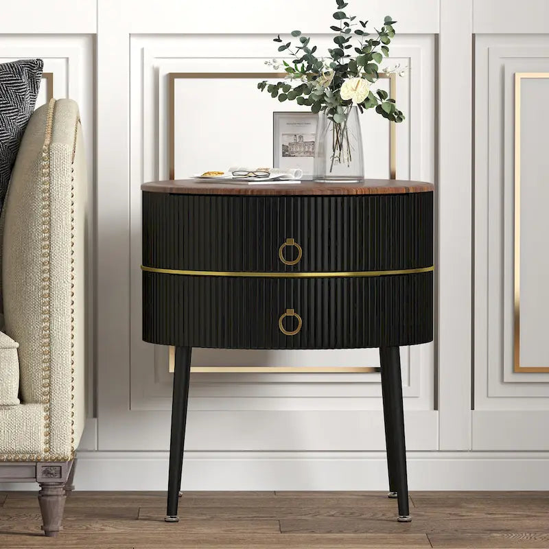 Barrel-Shaped Round End Table with 2 Drawers, Sintered Stone Top & Stainless Steel Base