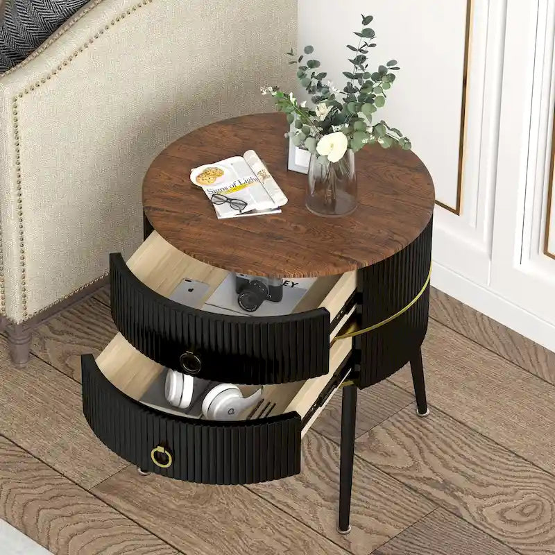 Barrel-Shaped Round End Table with 2 Drawers, Sintered Stone Top & Stainless Steel Base